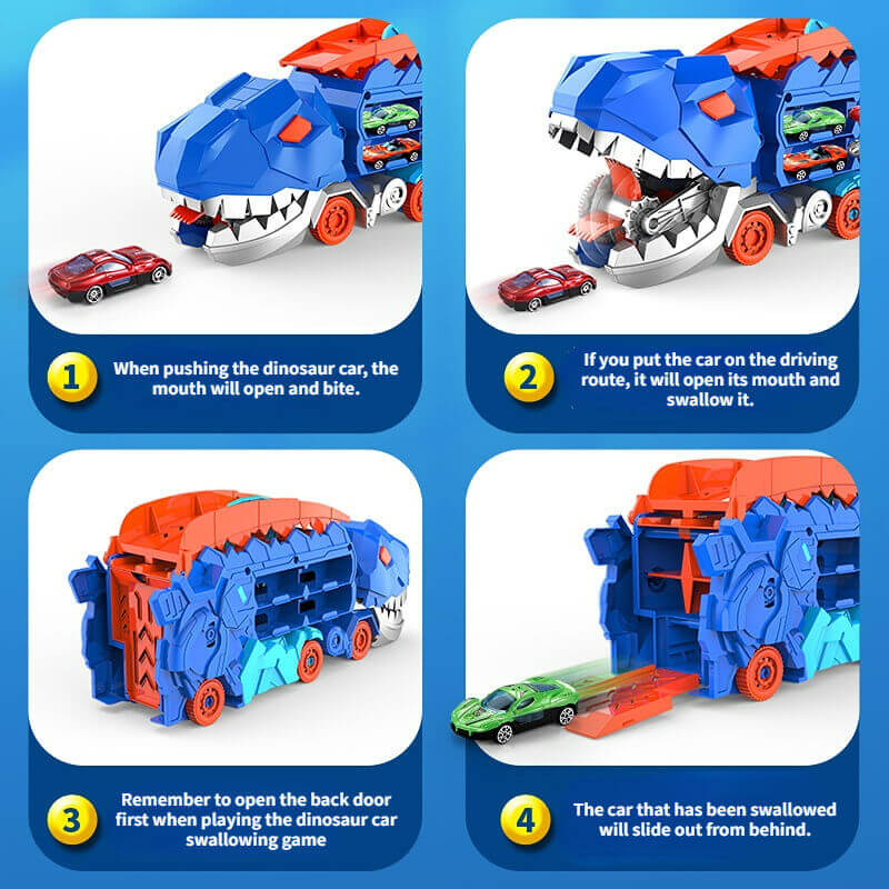 Dino Speelgoedtruck Transporter met Miniaturautos Dubbelbaansracebaan Opslag Draagbaar Speelset Kinderen | Sulvida
