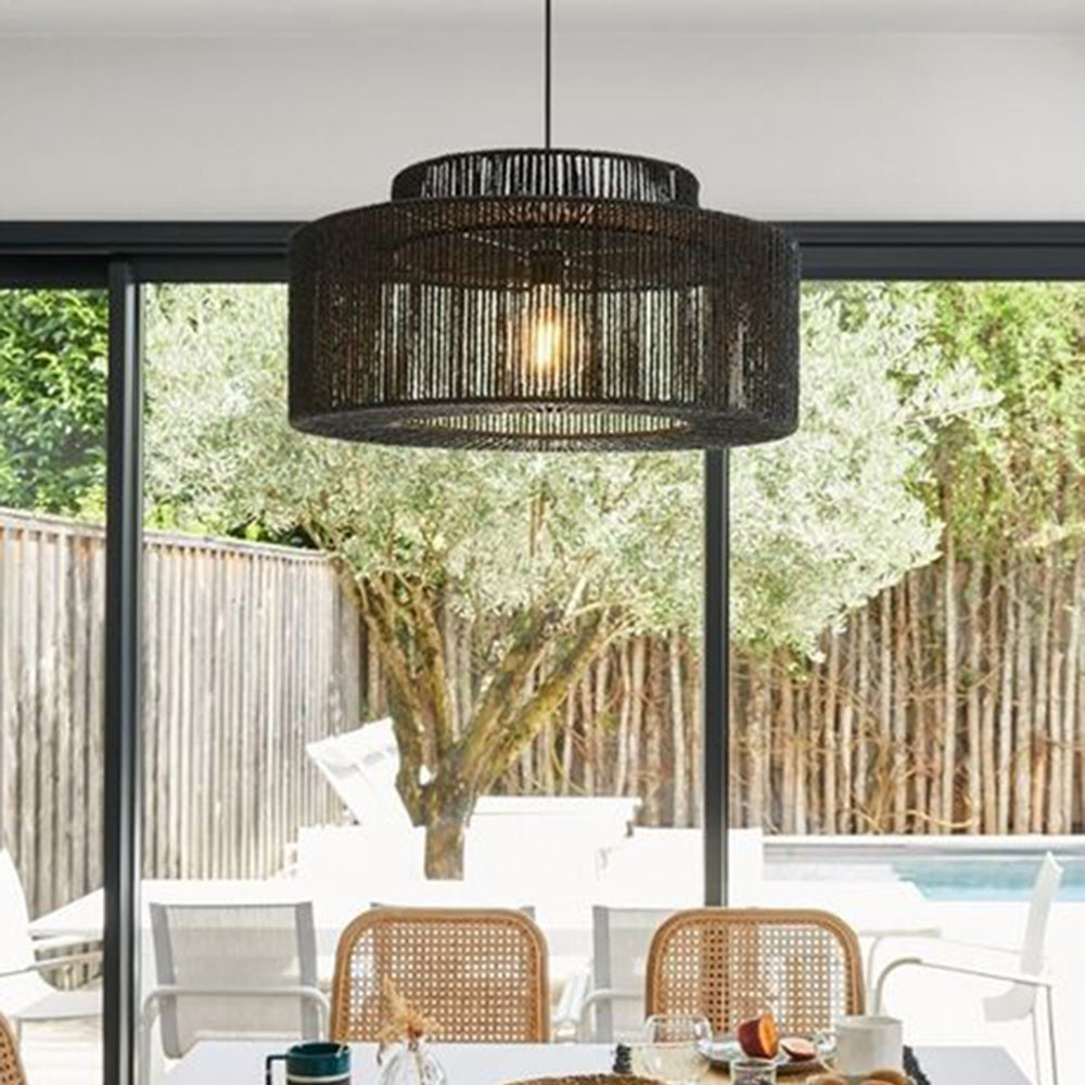 Rotan Hanglamp Zwart Trommel Landelijk Design Verstelbaar voor Woonkamer Eetkamer Rustiek Sfeervol Karakter | Sulvida