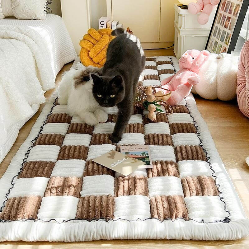 Chenille Huisdierenmat Vierkant Geruit Crème 50x50 cm Anti-slip Wasbaar Hondendeken Kattenmat Beschermer | Sulvida