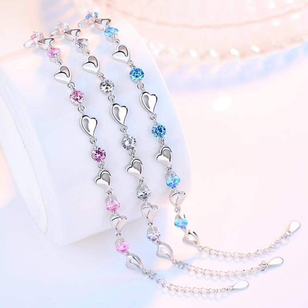 Zilveren Hartjesbangle in 925 Sterling Zilver – Elegante Armband Dames Minimalistische Cadeau Roze Blauw Wit | Sulvida