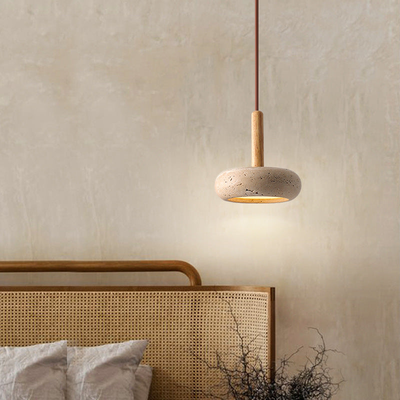 Travertin Hanglamp Geel met Houten Accent LED-Verlichting 12W Japans Design Verstelbaar Snoer 180cm Eetkamer | Sulvida