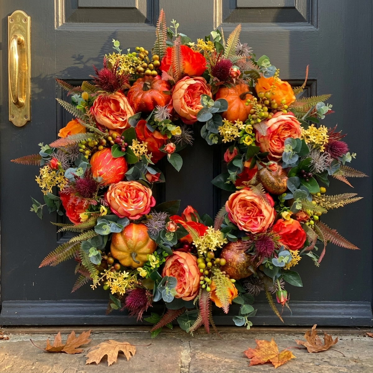 Herfststuk Pompoen met Rotan & Bladeren 40cm Oranje Bruin voor Deur Krans Herfstdecoratie Seizoen Interieur | Sulvida