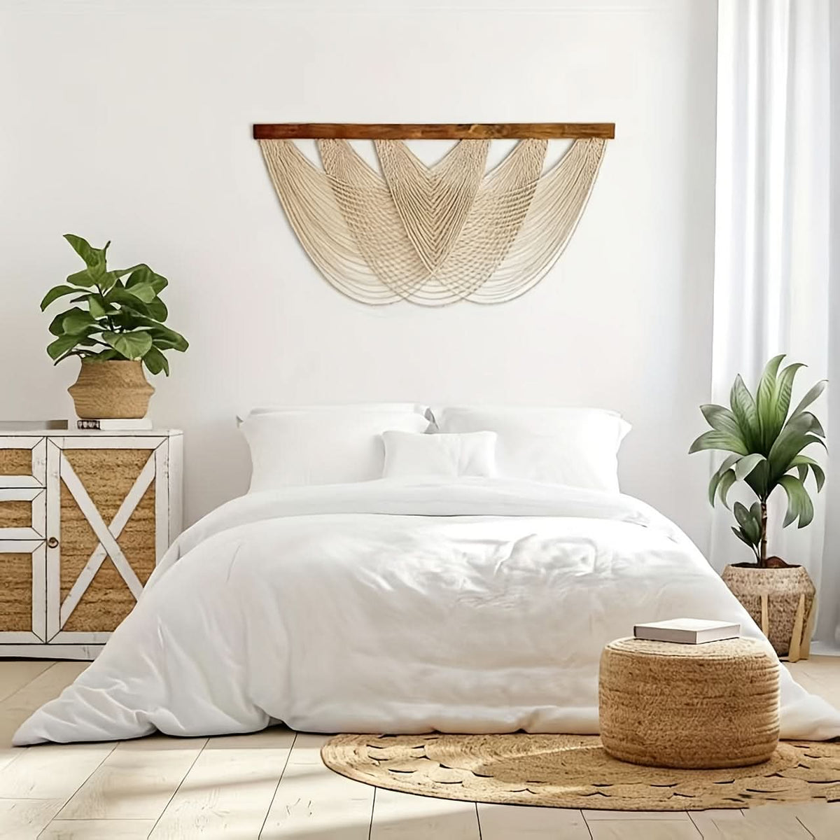Geweven wandkleed macramé-stijl 100x60 cm boho interieur woonkamer slaapkamer natuurlijk textuur wanddecoratie | Sulvida