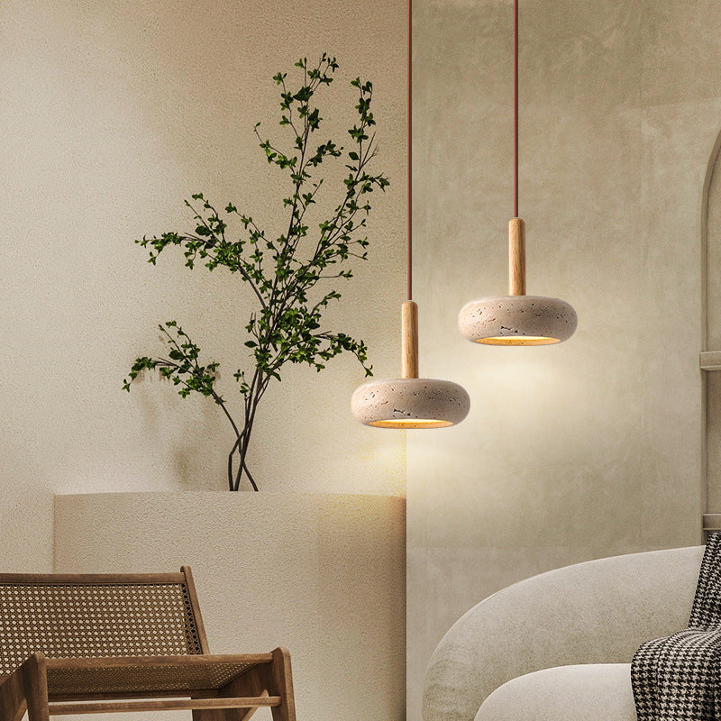 Travertin Hanglamp Geel met Houten Accent LED-Verlichting 12W Japans Design Verstelbaar Snoer 180cm Eetkamer | Sulvida
