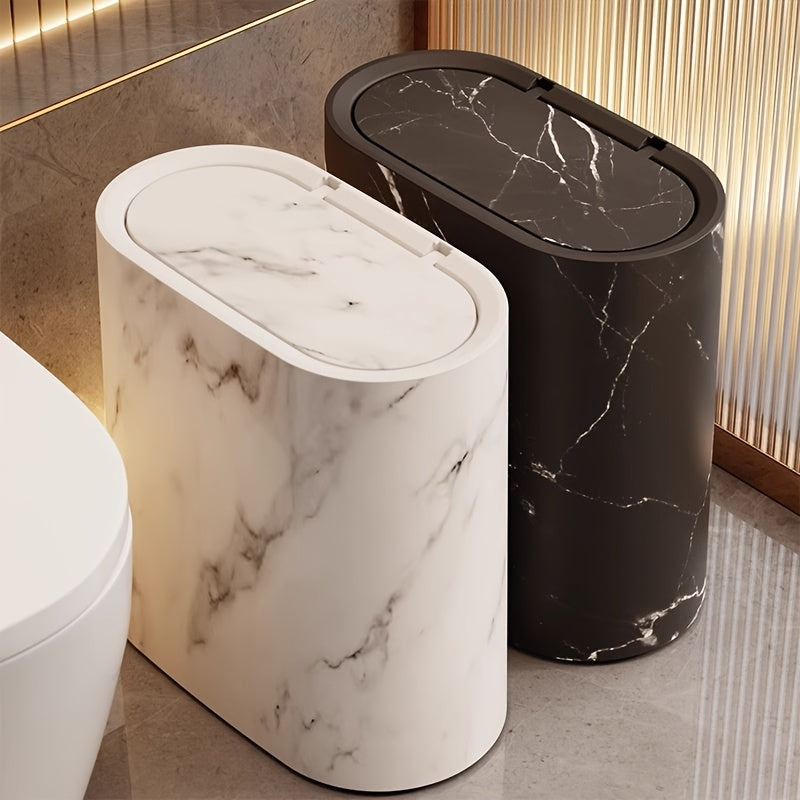 Ovale Prullenbak met Deksel Marmerpatroon Badkamer Keuken Kantoor Compact Afvalemmertje Stijlvol Design | Sulvida