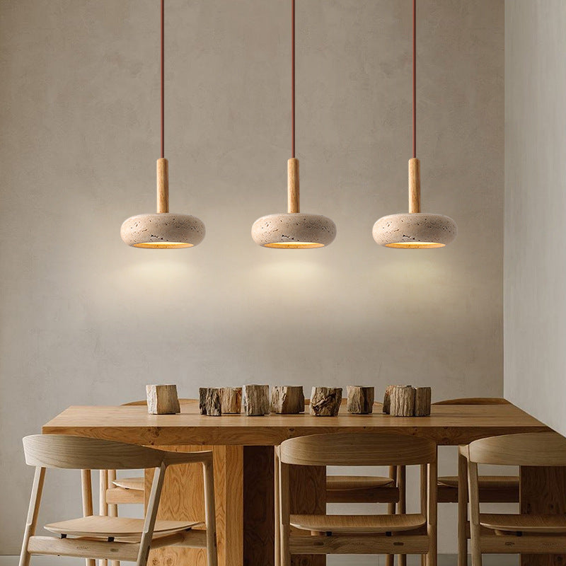 Travertin Hanglamp Geel met Houten Accent LED-Verlichting 12W Japans Design Verstelbaar Snoer 180cm Eetkamer | Sulvida
