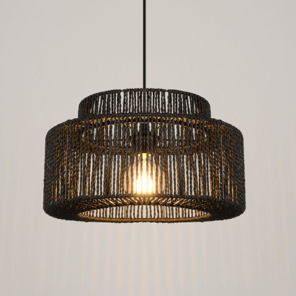 Rotan Hanglamp Zwart Trommel Landelijk Design Verstelbaar voor Woonkamer Eetkamer Rustiek Sfeervol Karakter | Sulvida