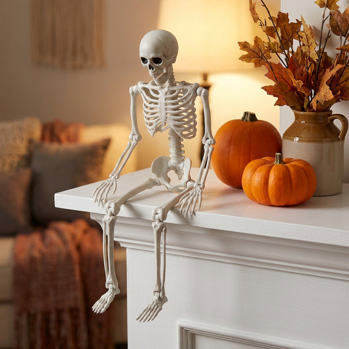 Poseerbaar Skelet 40 cm Wit Kunststof Halloween Decoratie Beweegbare Ledenpop Tafelmodel Griezelig Feest | Sulvida