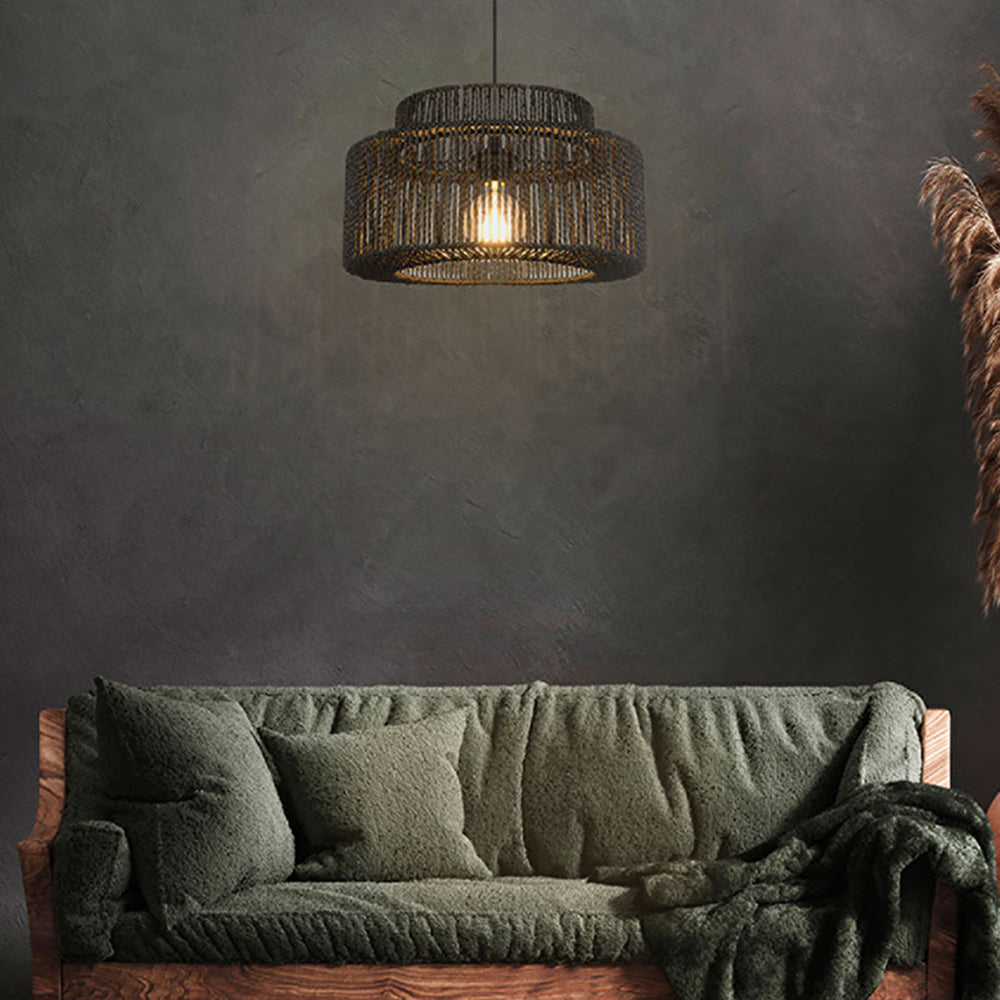 Rotan Hanglamp Zwart Trommel Landelijk Design Verstelbaar voor Woonkamer Eetkamer Rustiek Sfeervol Karakter | Sulvida