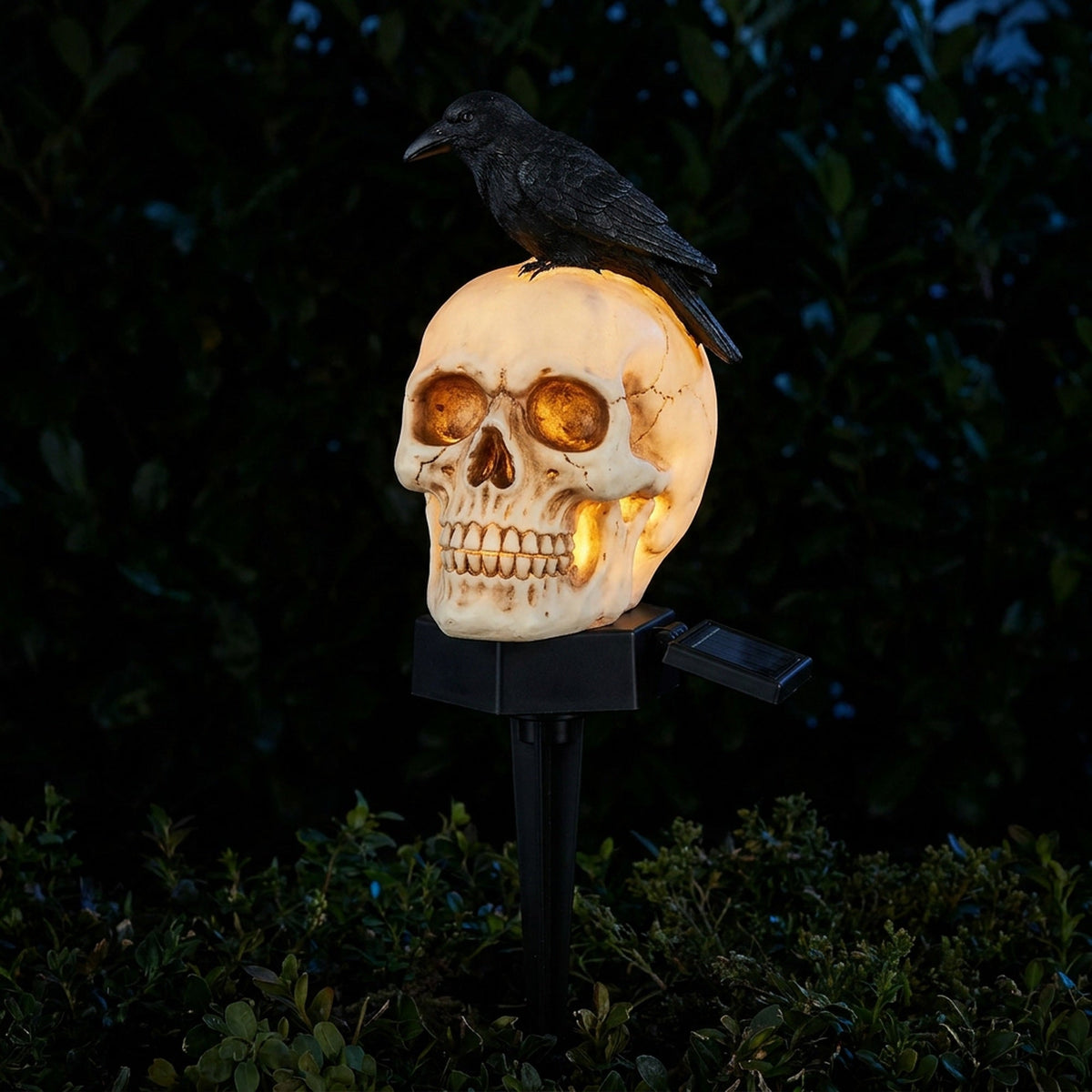 Solar Doodshoofd Tuinverlichting met Raaf Zwart Wit Halloween Decoratie Padverlichting LED Tuin Sfeer | Sulvida