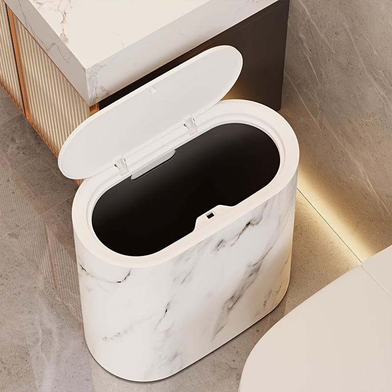 Ovale Prullenbak met Deksel Marmerpatroon Badkamer Keuken Kantoor Compact Afvalemmertje Stijlvol Design | Sulvida