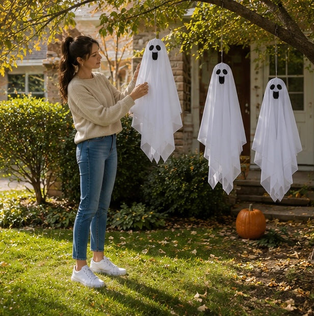 Hangende Spookfiguren Set van 3 Stuks Wit Gaas Halloween Decoratie Binnen & Buiten Griezelversiering | Sulvida