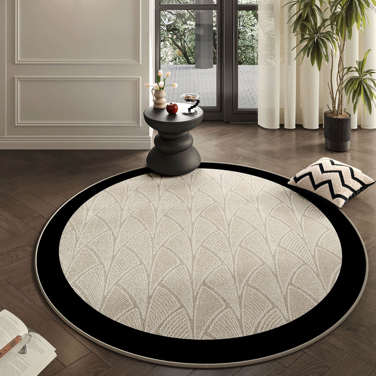 Rond Vloerkleed met Art Deco Waaierpatroon – Beige Tapijt met Zwarte Rand voor Woonkamer en Slaapkamer | Sulvida
