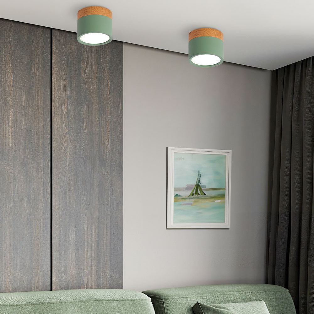 Compacte plafondspot aluminium hout rond warm wit LED verlichting hal woonkamer eetkamer modern Scandinavisch | Sulvida