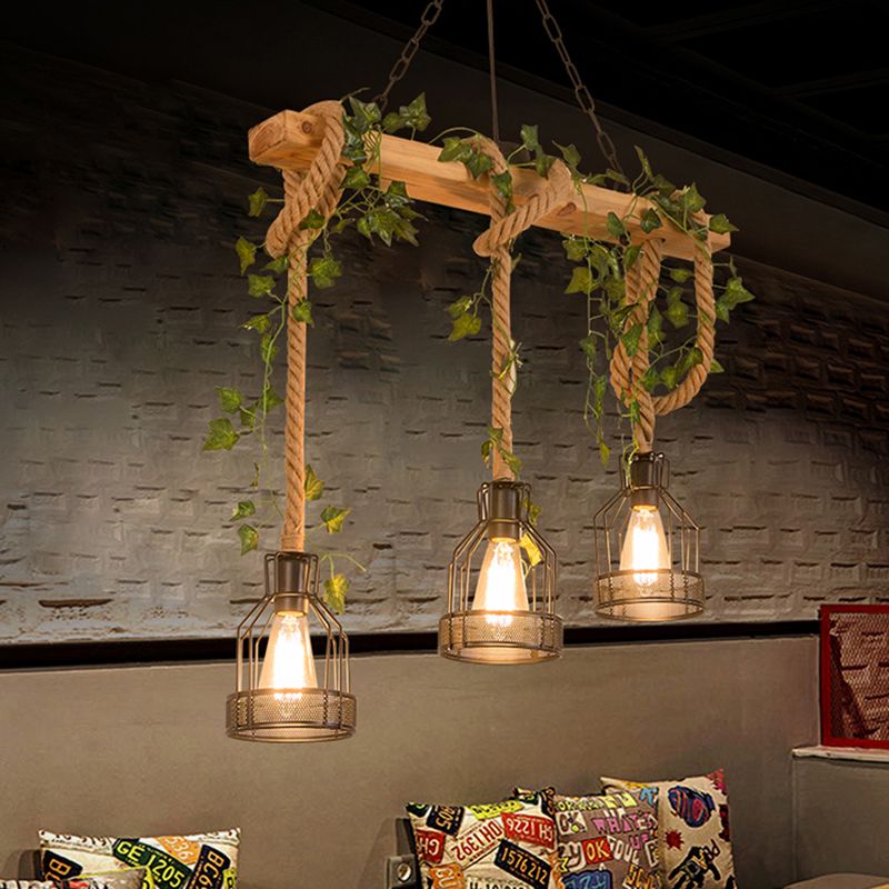 Landelijke Hanglamp met Houten Balk en Metalen Kooien 3 of 5 Lichtpunten voor Eetkamer Woonkamer Keuken | Sulvida