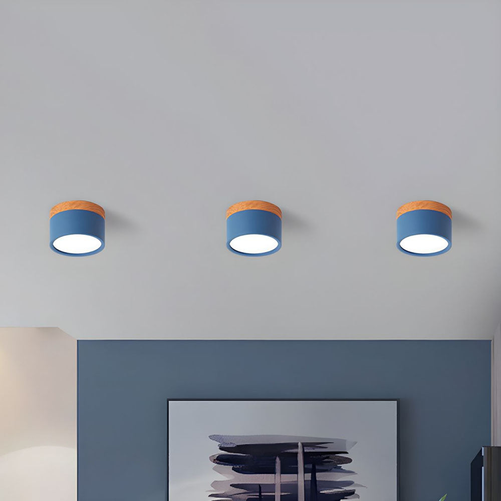 Compacte plafondspot aluminium hout rond warm wit LED verlichting hal woonkamer eetkamer modern Scandinavisch | Sulvida