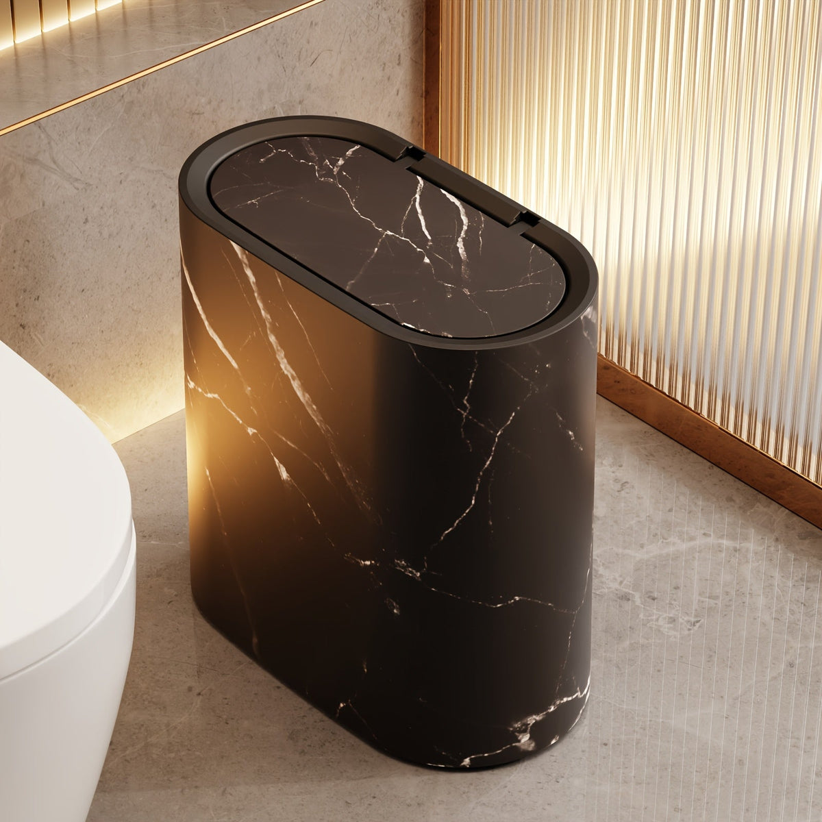 Ovale Prullenbak met Deksel Marmerpatroon Badkamer Keuken Kantoor Compact Afvalemmertje Stijlvol Design | Sulvida