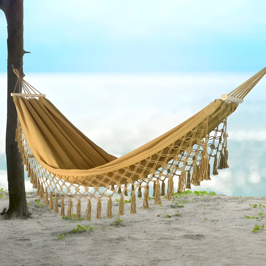 Katoenen Hangmat Bohemian Stijl 200x100cm Binnen Buiten Balkon Tuin Ontspanningshangmat met Houten Latten | Sulvida
