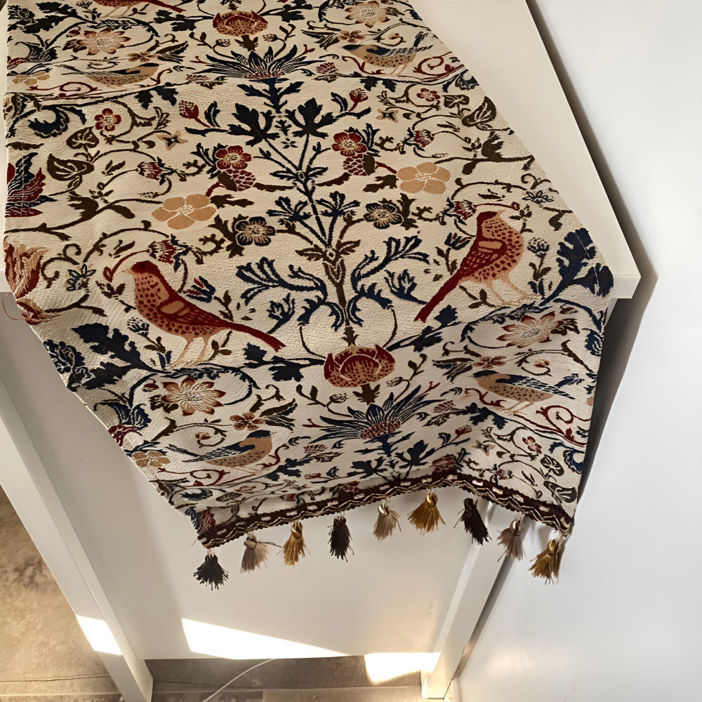 Jacquard Tafelloper met Vintage Vogelmotief en Kwastjes Landelijke Stijl Tafeldecoratie Eettafel Decoratie | Sulvida