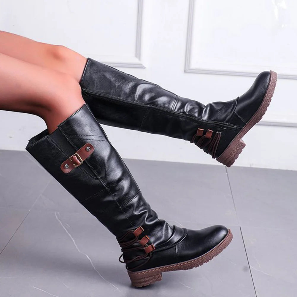 Leren Ritslaarzen voor Dames Vintage Comfortabel Halfhoog Winterschoenen met Warme Voering en Platte Zool | Sulvida