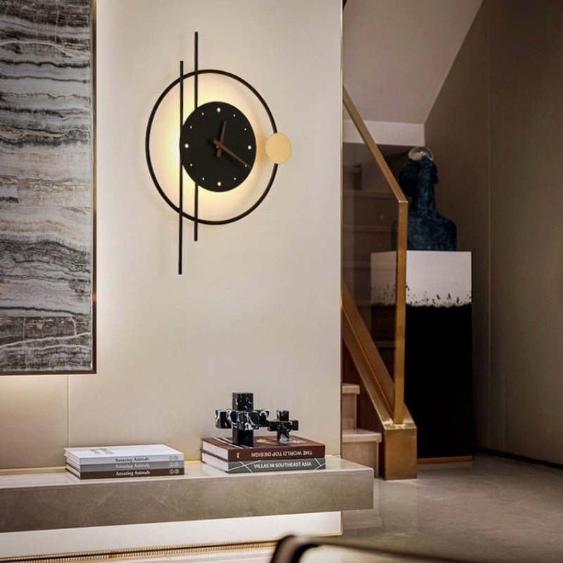 LED Wandlamp met Klok Zwart Goud Metaal Acryl Woonkamer Gang Studeerkamer Trap Modern Design Verlichting | Sulvida