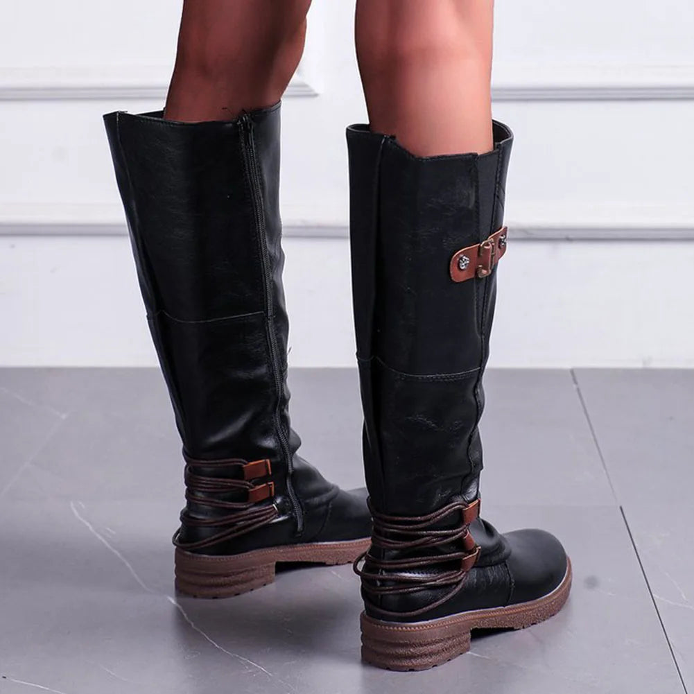 Leren Ritslaarzen voor Dames Vintage Comfortabel Halfhoog Winterschoenen met Warme Voering en Platte Zool | Sulvida