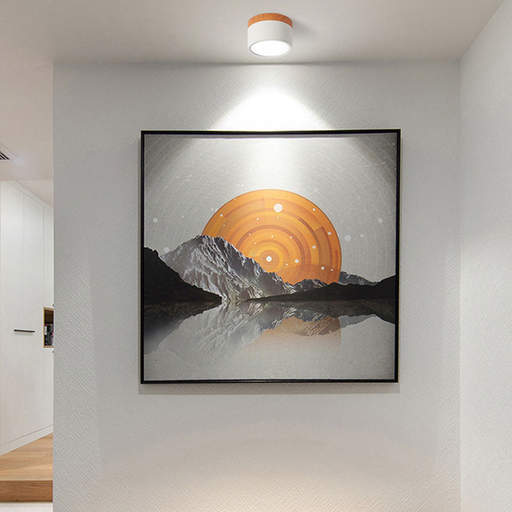 Compacte plafondspot aluminium hout rond warm wit LED verlichting hal woonkamer eetkamer modern Scandinavisch | Sulvida