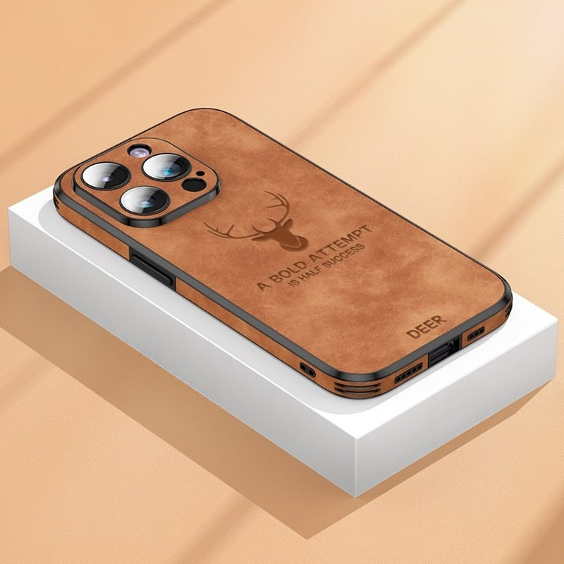 Lederen iPhone hoesje in wildleder met verhoogde kamerarand stofdempende bescherming en duurzame afwerking | Sulvida