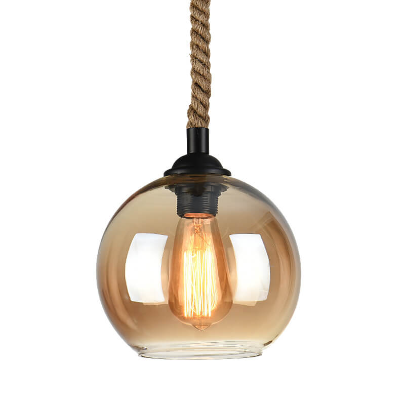 Vintage hanglamp met glazen kap metaal en touw rond 1-lichtpunt E26 woonkamer eetkamer industrieel sfeerlicht | Sulvida