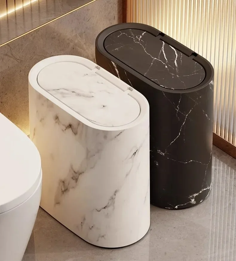 Ovale afvalbak met marmerpatroon drukdeksel prullenbak voor toilet badkamer keuken slaapkamer kantoor | Sulvida
