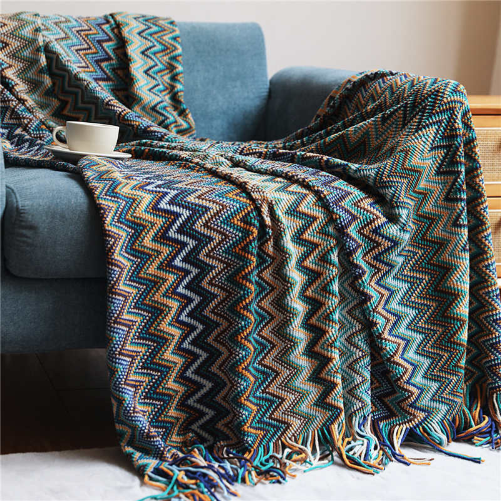 Gebreide plaid met zigzag patroon en franje meerkleurig zacht acryl voor bank bed en decoratie woonkamer | Sulvida