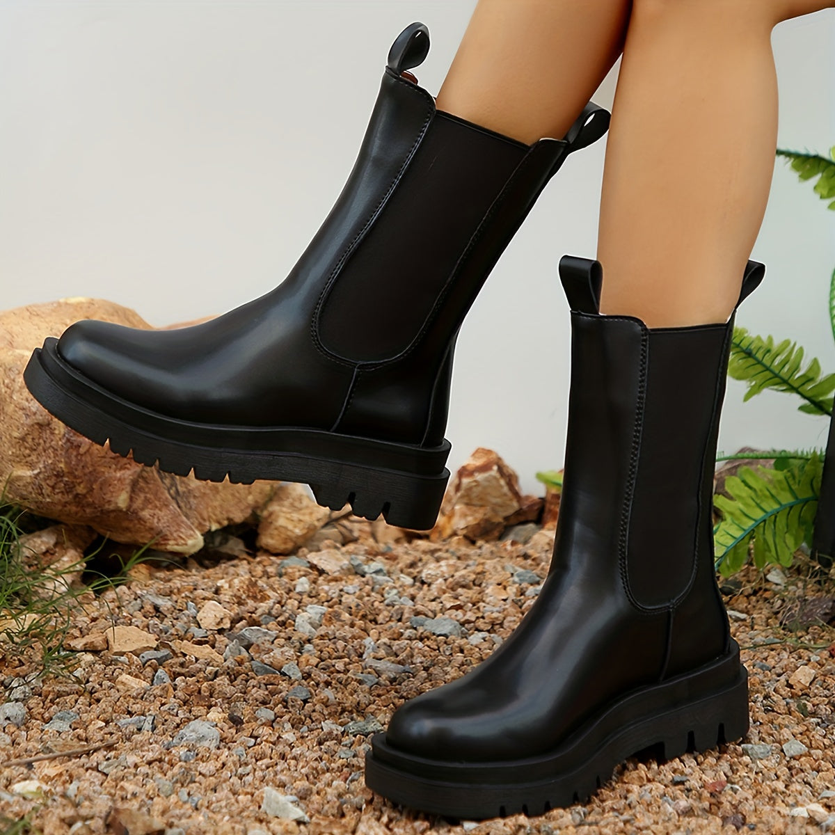 Bottes hauteur genou chics pour femmes, noires, coupe ajustée, talon épais, fermeture élastique, longues bottes d’équitation, mode streetwear | Sulvida
