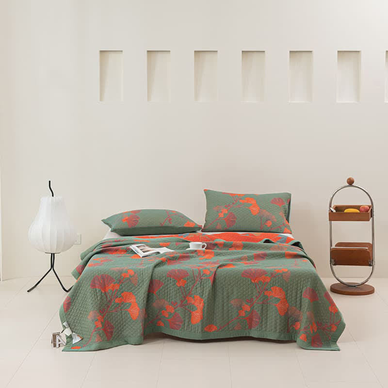 Omkeerbaar Quilt Dekbed met Ginkgo Blad Patroon 100% Katoen Zacht Ademend Tweezijdig Beddengoed voor Alle Seizoenen Slaapkamer | Sulvida