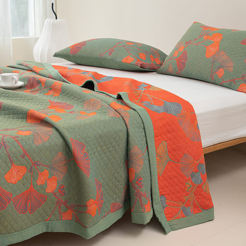 Omkeerbaar Quilt Dekbed met Ginkgo Blad Patroon 100% Katoen Zacht Ademend Tweezijdig Beddengoed voor Alle Seizoenen Slaapkamer | Sulvida