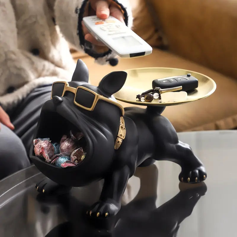 Bulldog Opbergbeeld Zwart Hars 30cm – Decoratieve Organizer Woonkamer Bureau Sculptuur Huisdier Cadeau | Sulvida