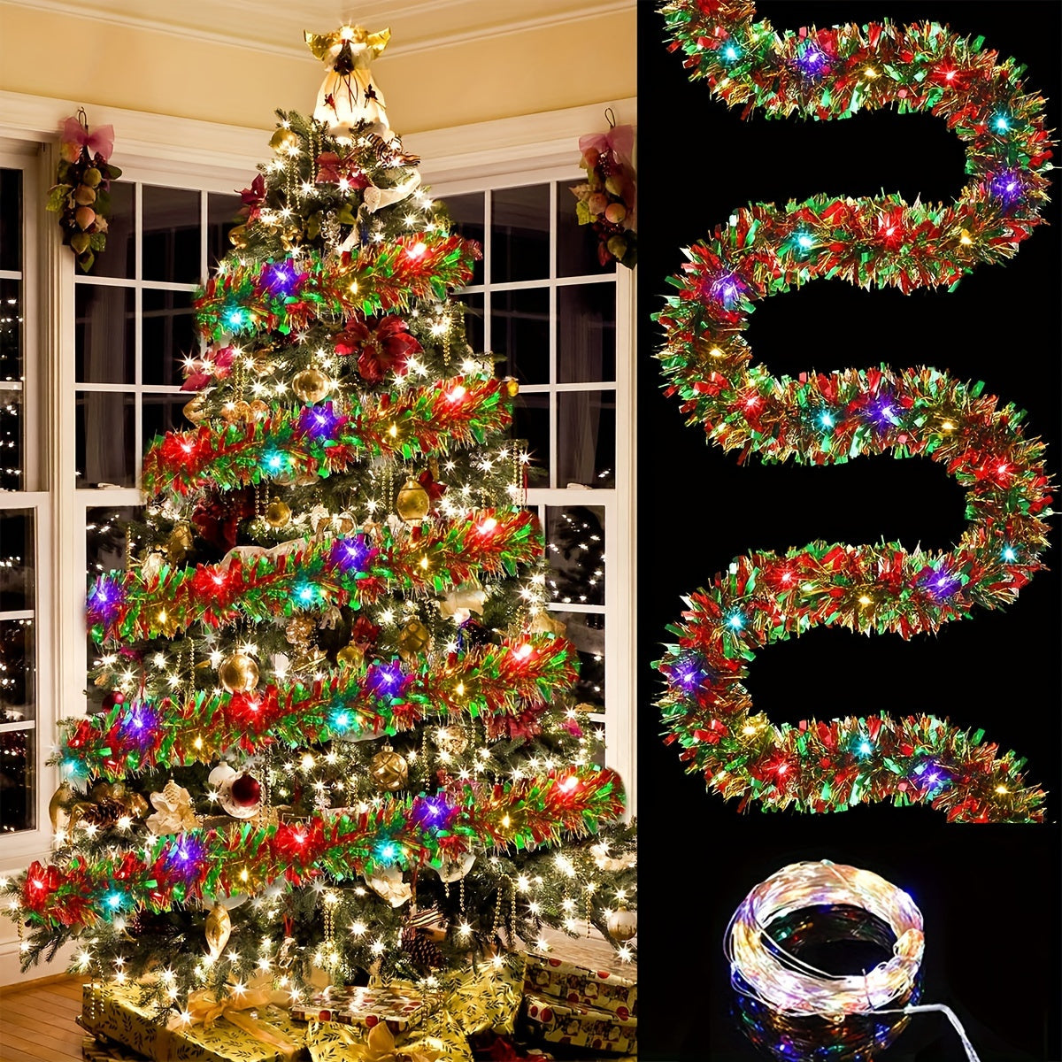 Verlichte kerstslinger met glitter 488 cm en 50 warmwitte LED-lampjes voor feestelijke sfeer binnen en buiten | Sulvida