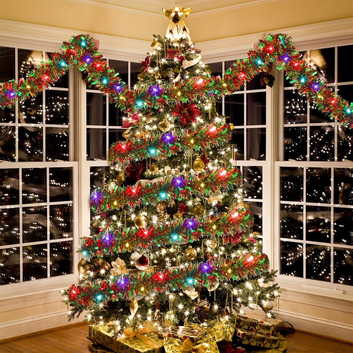 Verlichte kerstslinger met glitter 488 cm en 50 warmwitte LED-lampjes voor feestelijke sfeer binnen en buiten | Sulvida