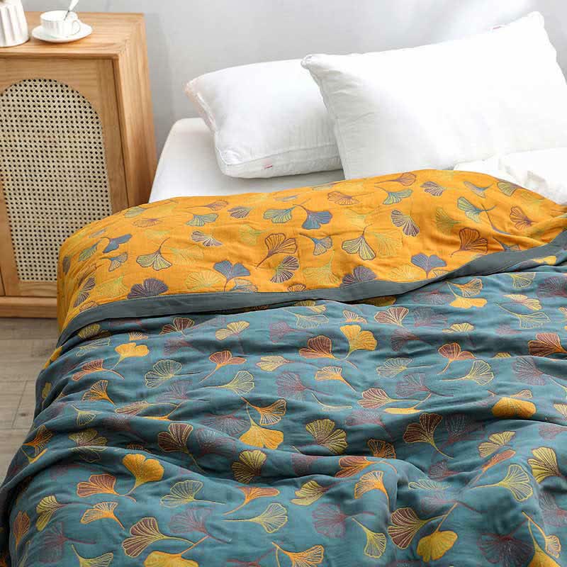 Omkeerbaar Katoenen Quilt Ginkgoblad Patroon - Tweepersoons Dekbed met Kussensloop - Zachte Katoen Sprei voor Bed - Duurzaam Dekbedovertrek | Sulvida