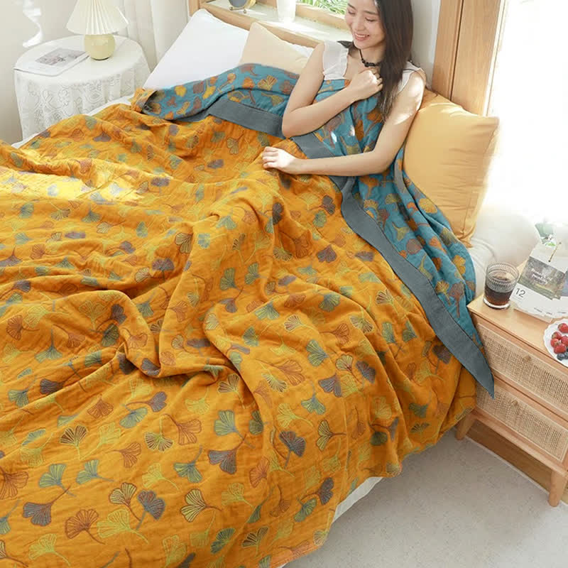Omkeerbaar Katoenen Quilt Ginkgoblad Patroon - Tweepersoons Dekbed met Kussensloop - Zachte Katoen Sprei voor Bed - Duurzaam Dekbedovertrek | Sulvida