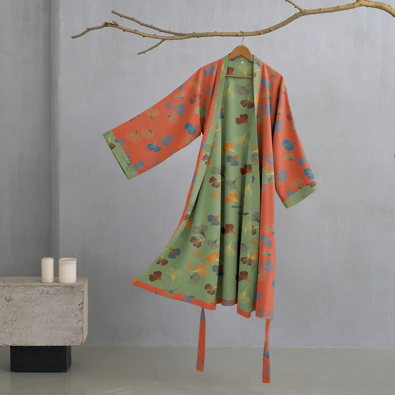 Luxe Katoenen Gaas Kimono Badjas met Ginkgo Biloba Print | Lichtgewicht Ochtendjas voor Dames en Heren | Ademend Dubbellaags Gaasweefsel | Sulvida