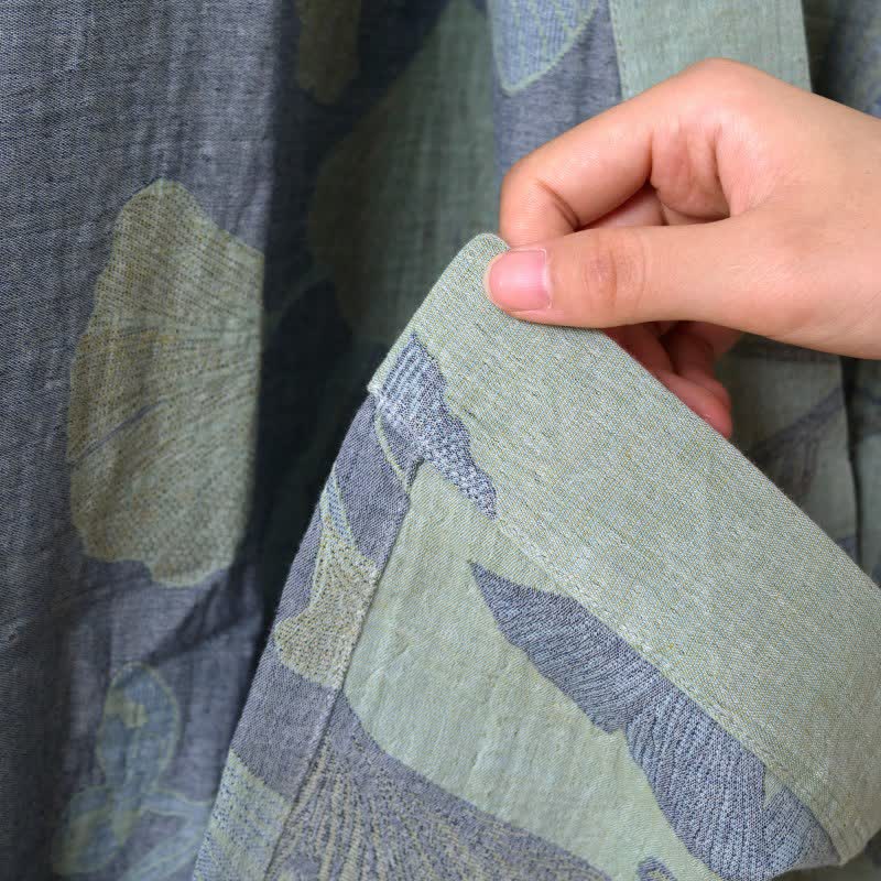 Organisch Katoenen Kimono Badjas met Ginkgo Bladeren Patroon – Omkeerbaar Tweekleurig Design voor Dames en Heren – Luchtige Gaas Kwaliteit – Luxe Loungewear met Bijpassende Riem | Sulvida