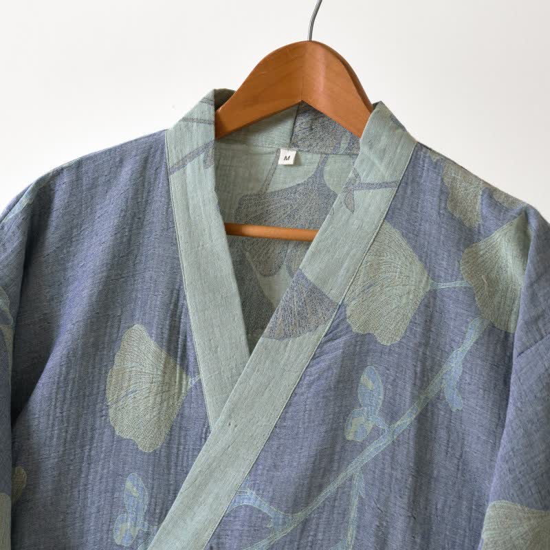 Organisch Katoenen Kimono Badjas met Ginkgo Bladeren Patroon – Omkeerbaar Tweekleurig Design voor Dames en Heren – Luchtige Gaas Kwaliteit – Luxe Loungewear met Bijpassende Riem | Sulvida
