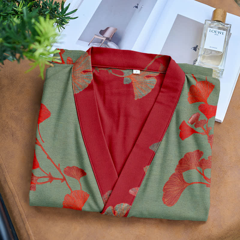 Organisch Katoenen Kimono Badjas met Ginkgo Bladeren Patroon – Omkeerbaar Tweekleurig Design voor Dames en Heren – Luchtige Gaas Kwaliteit – Luxe Loungewear met Bijpassende Riem | Sulvida