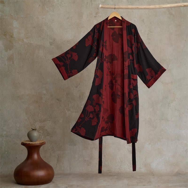 Katoenen Kimono met Groot Ginkgo Bladmotief – Dubbellaags Gaasweefsel Ochtendjas voor Dames en Heren Badstof Huisjas | Sulvida