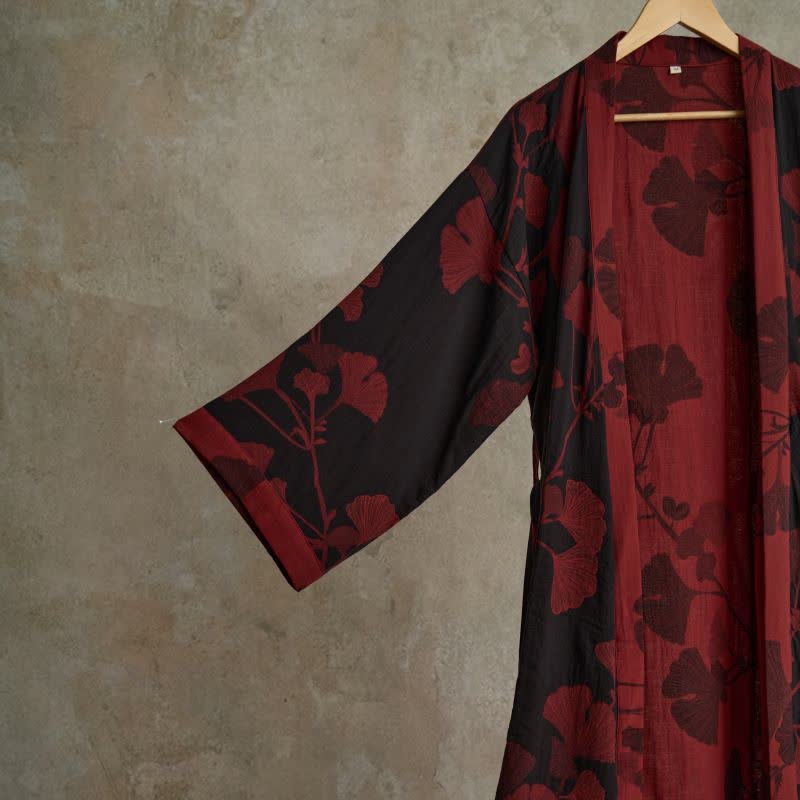 Katoenen Kimono met Groot Ginkgo Bladmotief – Dubbellaags Gaasweefsel Ochtendjas voor Dames en Heren Badstof Huisjas | Sulvida