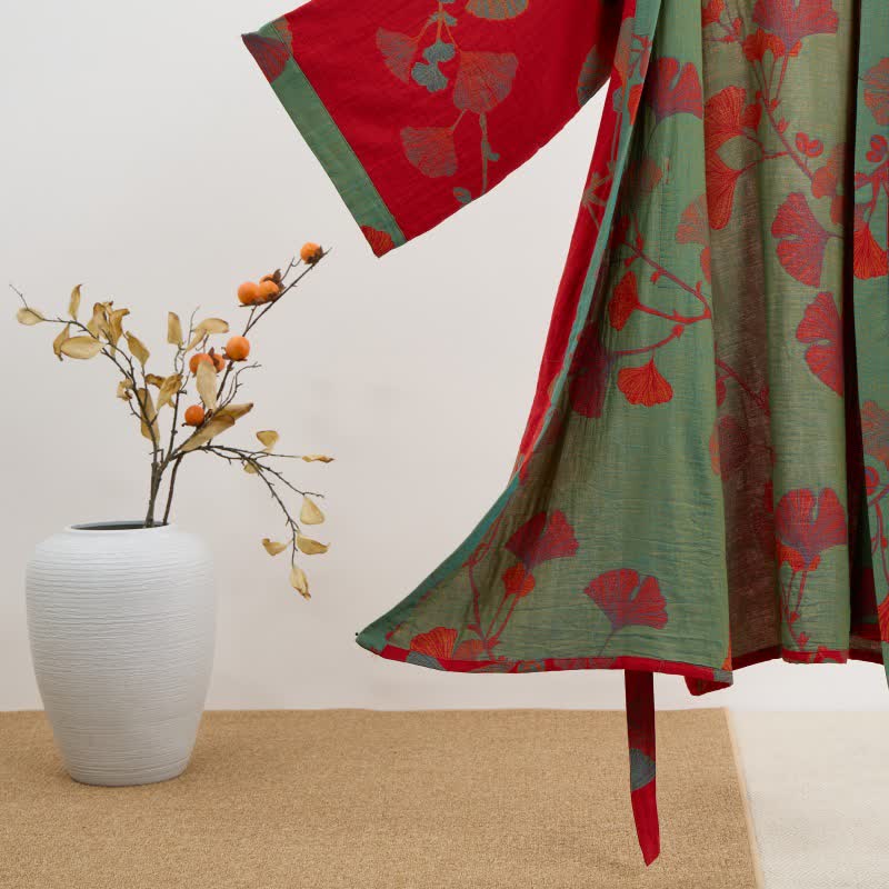 Organisch Katoenen Kimono Badjas met Ginkgo Bladeren Patroon – Omkeerbaar Tweekleurig Design voor Dames en Heren – Luchtige Gaas Kwaliteit – Luxe Loungewear met Bijpassende Riem | Sulvida