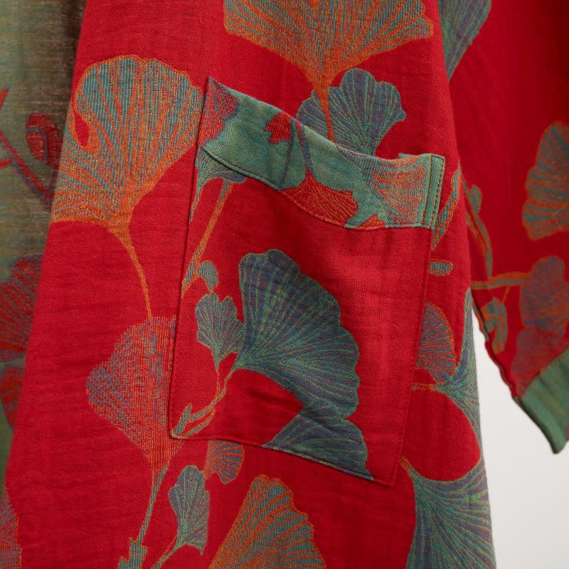 Organisch Katoenen Kimono Badjas met Ginkgo Bladeren Patroon – Omkeerbaar Tweekleurig Design voor Dames en Heren – Luchtige Gaas Kwaliteit – Luxe Loungewear met Bijpassende Riem | Sulvida