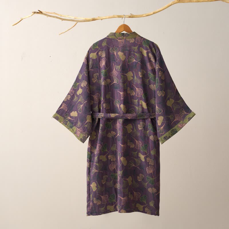 Luxe Katoenen Gaas Kimono Badjas met Ginkgo Biloba Print | Lichtgewicht Ochtendjas voor Dames en Heren | Ademend Dubbellaags Gaasweefsel | Sulvida