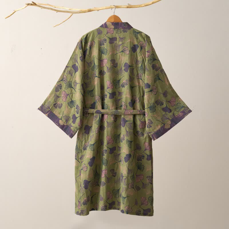 Luxe Katoenen Gaas Kimono Badjas met Ginkgo Biloba Print | Lichtgewicht Ochtendjas voor Dames en Heren | Ademend Dubbellaags Gaasweefsel | Sulvida