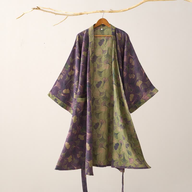 Luxe Katoenen Gaas Kimono Badjas met Ginkgo Biloba Print | Lichtgewicht Ochtendjas voor Dames en Heren | Ademend Dubbellaags Gaasweefsel | Sulvida